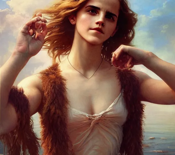 Image similar to photography of emma watson with hands - up and hairy armpits, deep focus, intricate, elegant, highly detailed, digital painting, artstation, concept art, matte, sharp focus, illustration, art by artgerm and greg rutkowski and alphonse mucha and gil elvgren