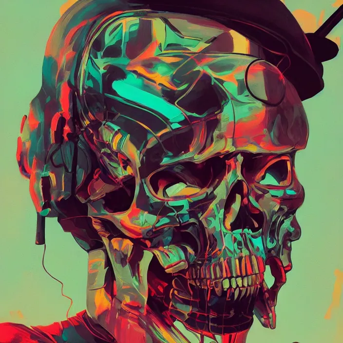 Image similar to a colorful comic noir illustration painting of a cyberpunk skull by sachin teng and sergey kolesov and artgerm and pascal blanche. in style of digital art, symmetry, sci fi, hyper detailed. octane render. trending on artstation