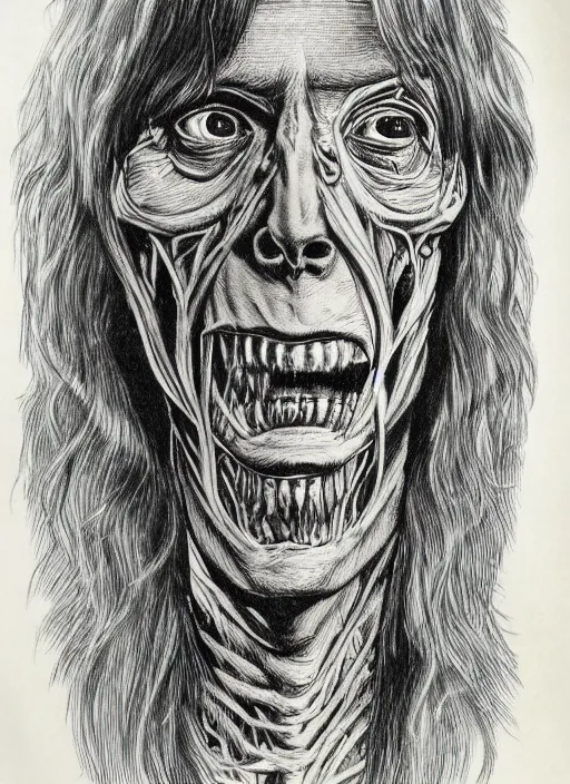 Image similar to full page scan of detailed vintage anatomical drawing of Stephen King as Jordy Verrill in Creepshow (1982), illustrated, intricate writing, highly detailed