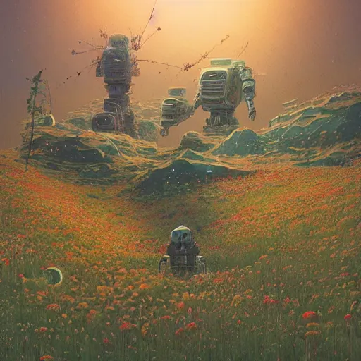 Image similar to a fantastic hyperdetailed 3 d matte painting of a giant robot partially covered in overgrowing wildflowers on an alien planet under arctic moonlight by moebius by beeple by by jakub rozalski by paul lehr by dan mumford