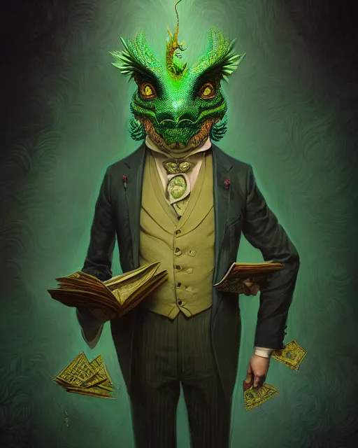 Prompt: anthropomorphic art of a businessman dragon, green dragon, dragon head, portrait, victorian inspired clothing by artgerm, victo ngai, ryohei hase, artstation. fractal papers and books. highly detailed digital painting, smooth, global illumination, fantasy art by greg rutkowsky, karl spitzweg