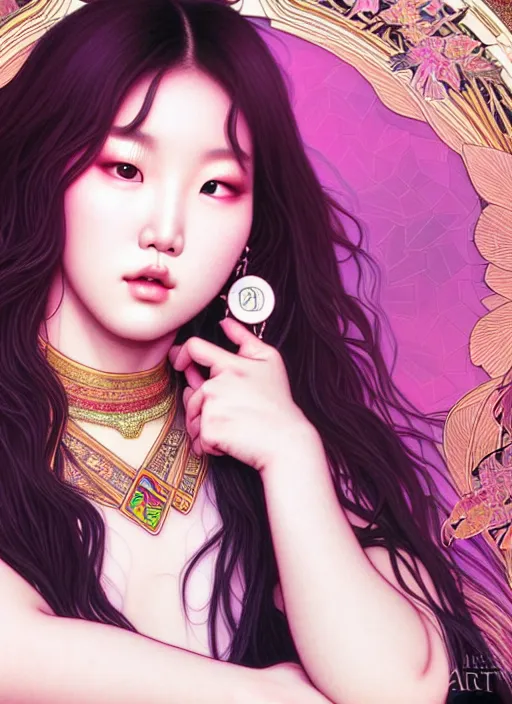 Image similar to roseanne park of blackpink, tarot card, highly detailed, digital painting, smooth, sharp focus, illustration, ultra realistic, 8 k, art by artgerm and alphonse mucha