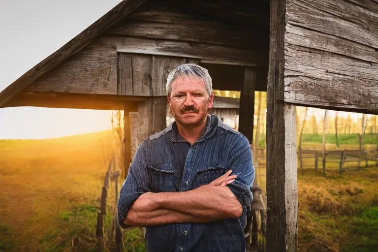 Image similar to a headshot portrait of a farmer, stood outside a wooden cabin, ultra realistic, dramatic lighting