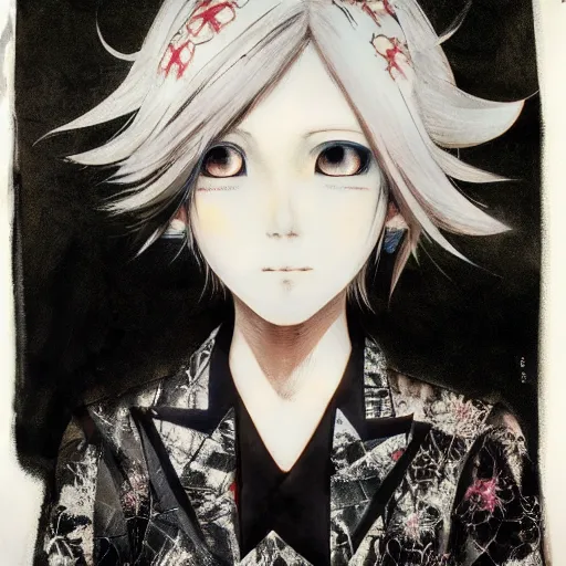 Image similar to Yoshitaka Amano realistic illustration of an anime girl with short white hair and black eyes wearing tuxedo, abstract black and white patterns on the background, noisy film grain effect, highly detailed, Renaissance oil painting