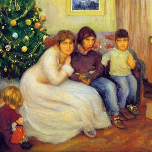 Prompt: “an impressionist painting of a family sitting in the foreground there’s a beautiful woman with a symmetric face with two young children on her lap, a boy and a girl. There’s a Christmas tree and a log fire burning in the background. On the sofa in the background a scruffy homeless man sleeping.”
