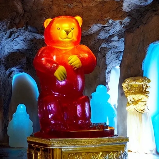 Image similar to a stunning image of a giant gummy bear on a golden pedestal, many people worshipping, dark cave like surrounding.