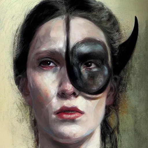 Prompt: portrait of a woman with horns and fully black eyes, by jon foster