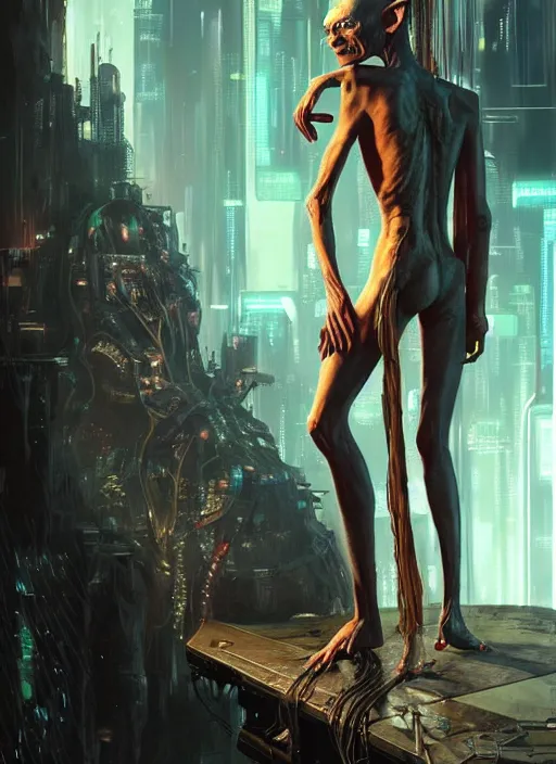 Image similar to portrait of gollum as a character in Cyberpunk 2077, looking at camera, intricate, elegant, sci-fi, extremely detailed, digital painting, artstation, concept art, smooth, sharp focus, illustration, ambient lighting, incredible art by artgerm and greg rutkowski and alphonse mucha and simon stalenhag