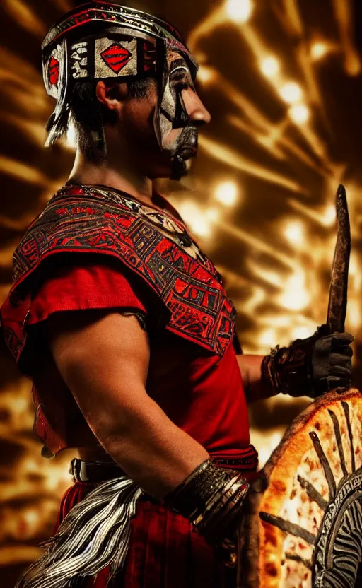 Prompt: Aztec warrior's, editorial photograph, dark lighting, glowing screens, indoor Pizza Hut