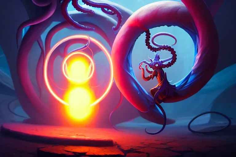 Image similar to the dark magician summons a portal, tentacles climb from the portal, peter mohrbacher style, ray tracing, octane render, cinematic, digital art, realistic, high quality, 8 k