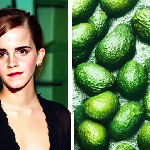 Image similar to portrait photograph of emma watson but her skin is avocado skin