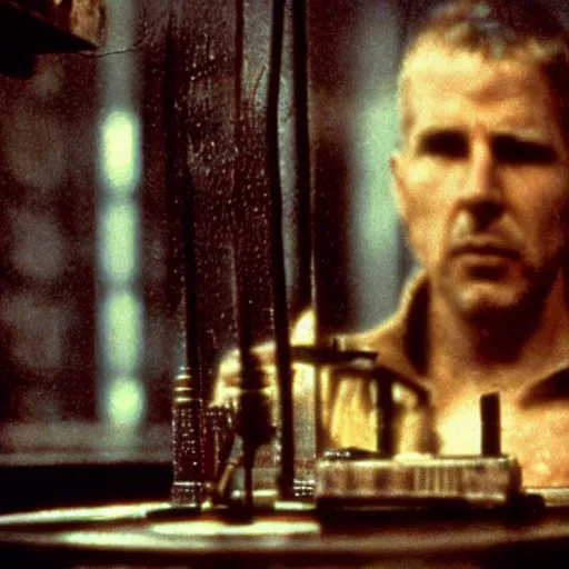 Image similar to close - up color photography of details in deckard's apartment in blade runner, narrow depth of field, low light