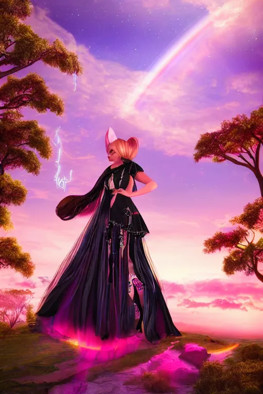 Image similar to Ethereal safari landscape with a pink rainbow sky under a goddess moonstone, black leather and embroidered Lolita dress in velvet, rich color, ramatic cinematic lighting, featured on Artstation, extremely detailed by Lisa Frank