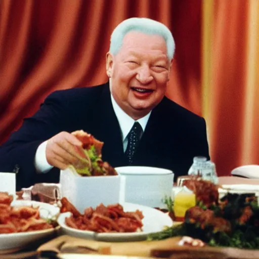 Prompt: president yeltsin eat meat in tank