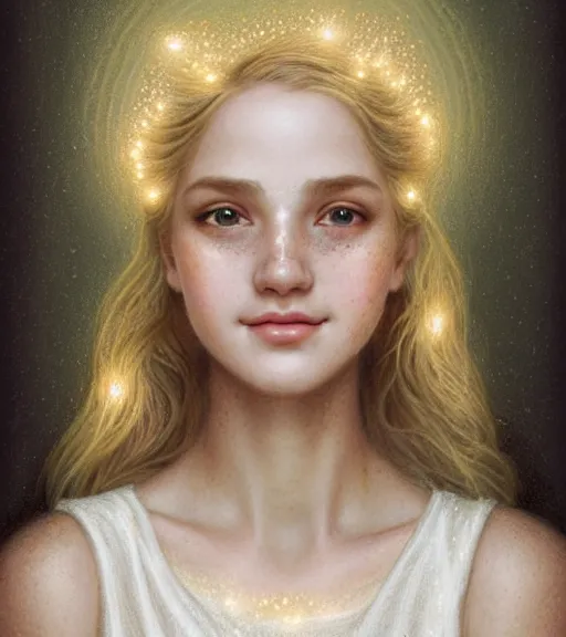 Prompt: portrait of teenage aphrodite, light freckles, dirty blonde hair, smiling kindly, wearing an embroidered white linen dress, lace neckline, intricate, elegant, mother of pearl jewelry, glowing lights, highly detailed, digital painting, artstation, concept art, smooth, sharp focus, illustration, art by wlop, mucha, artgerm, and greg rutkowski