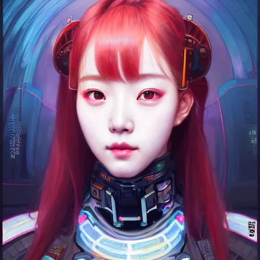 Image similar to portrait painting of chuu kpop as a cheerful smiling cyberpunk mercenary, ultra realistic, concept art, intricate details, eerie, highly detailed, photorealistic, octane render, 8 k, unreal engine. art by artgerm and greg rutkowski and magali villeneuve and alphonse mucha