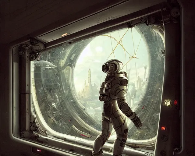 Prompt: a futuristic sigma male astronaut looking at ancient renaissance athens through a time travel spaceship high - tech luxury window, scifi, by wlop, peter mohrbacher, jakub rebelka, visually stunning, beautiful