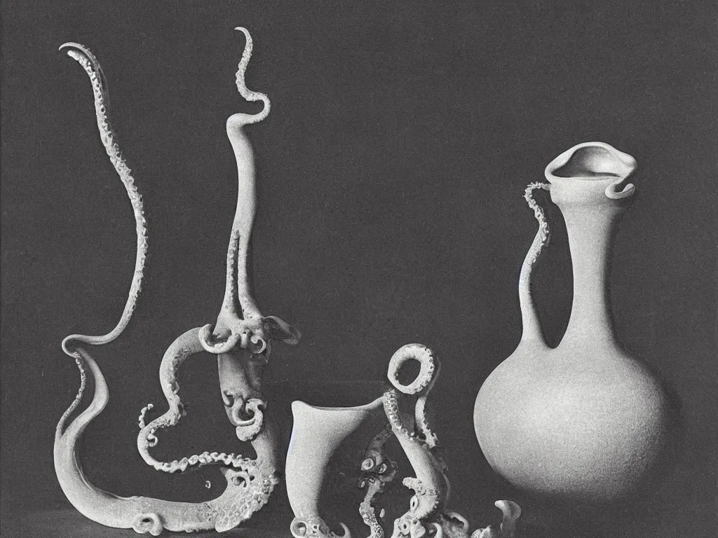 Prompt: flaming gothic stone vase, pot, jug in the shape of octopus. karl blossfeldt, salvador dali