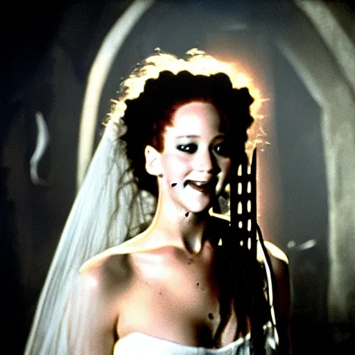 Image similar to jennifer lawrence as the bride of frankenstein, color photography, sharp detail, clever smile, still from the movie van helsing