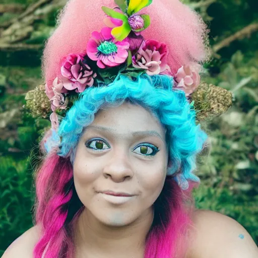 Prompt: a portrait of a Female brown skinned satyr with pink hair and a flower crown wearing a pastel green shirt with pastel blue overalls