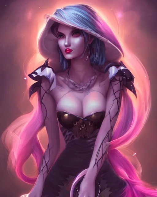 Image similar to Jinx League of Legends beautiful digital illustration portrait of a Witch who design by Ross Tran, artgerm detailed, soft lighting