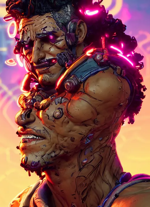 Prompt: glowwave portrait of curly hair muscular man from borderlands 3, au naturel, hyper detailed, digital art, trending in artstation, cinematic lighting, studio quality, smooth render, unreal engine 5 rendered, octane rendered, art style by klimt and nixeu and ian sprigger and wlop and krenz cushart.