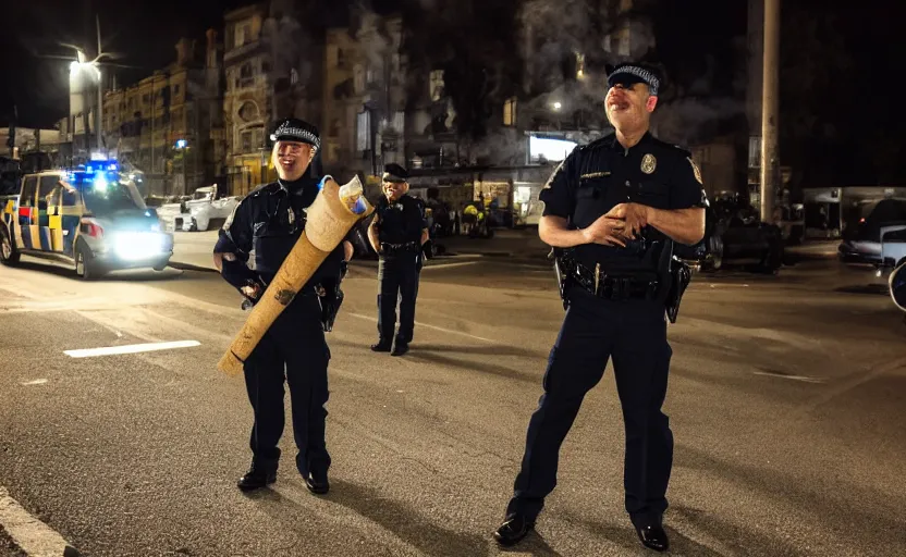 Prompt: photography of police in the night, smoking a very big joint, smiling, flash shot