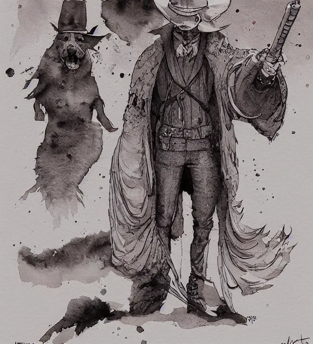 Prompt: a watercolor ink painting of an anthropomorphic dog wizard / sheriff in the style of jean giraud in the style of moebius trending on artstation deviantart pinterest detailed realistic hd 8 k high resolution