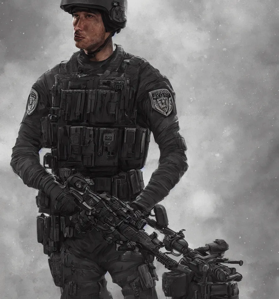 Image similar to still next - gen full - body portrait of swat officer, dramatic look, unreal engine 5, ray tracing, extremely detailed, 5 0 mm bokeh, photorealistic arstation, by ian pesty and alena aenami