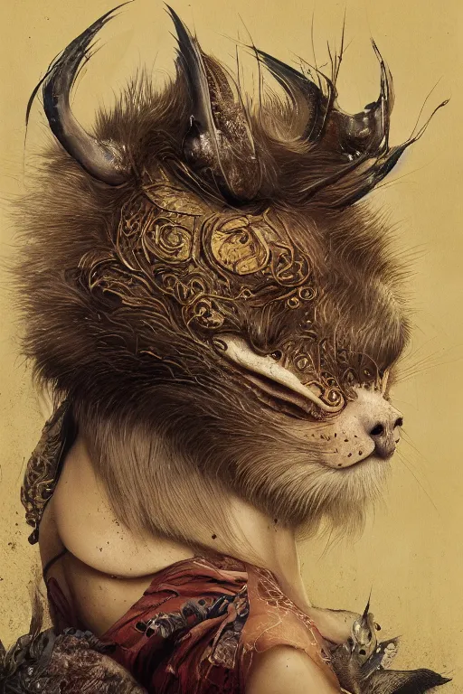 Prompt: a portrait of a japanese exotic animal illustrated by miyazaki by karol bak, james jean, tom bagshaw, rococo, sharp focus, trending on artstation, cinematic lighting, hyper realism, octane render, 8 k, hyper detailed, vivid, ultra detailed, highly detailed