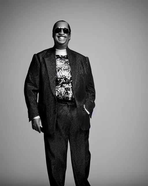 Image similar to Fully-clothed full-body portrait of Stevie Wonder, XF IQ4, 50mm, F1.4, studio lighting, black background, professional, 8K