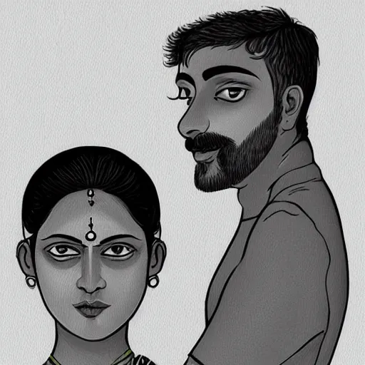 Prompt: perfectly centered symmetrical split male and female portrait of young indian man and woman in love sharing one heart. illustration, highly detailed, simple, no jagged lines, smooth, artstation, artwork by chip zdarsky