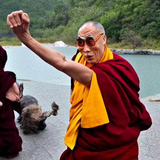 Image similar to furious dalai lama punches the camera