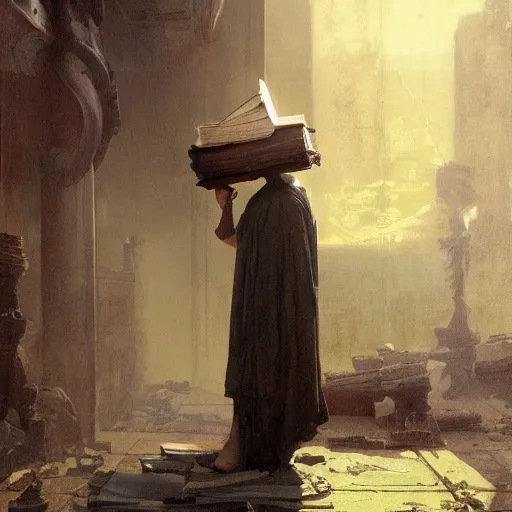 Image similar to half portait of magican wearing a closed cowl holding a big old book! chained!! to his wrist, jeremy mann, jean leon gerome, alphonse mucha, greg rutkowski, hood covers his eyes, ( ( ruins of ancient rome ) ), at dusk, mysterious atmosphere, sunrays, dof, masterpiece, high detailed, 8 k