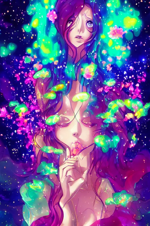 Image similar to psychedelic, whimsical, anime, 4k, beautiful intimate woman blowing smoke, with professional makeup, long trippy hair, a crystal and flower dress, sitting in a reflective pool, surrounded by gems, underneath the stars, rainbow fireflies, trending on patreon, deviantart, twitter, artstation, volumetric lighting, heavy contrast, art style of Ross Tran and Viktoria Gavrilenko and Ilya Kuvshinov