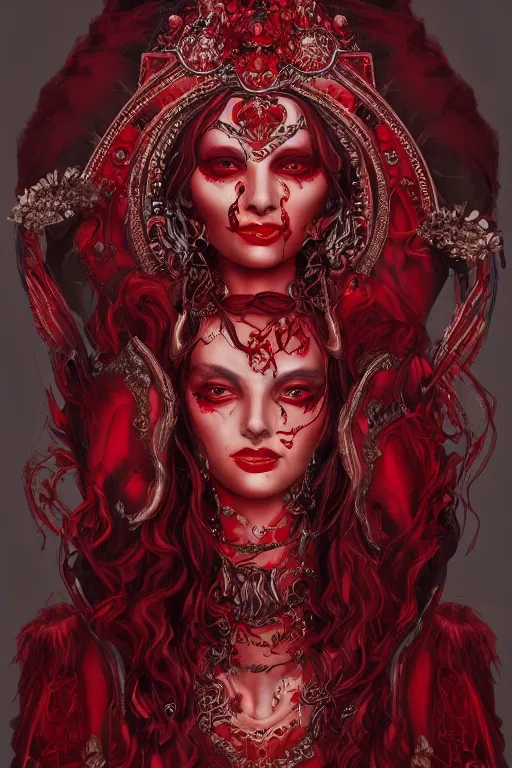 Prompt: portrait of the blood goddess, enigmatic beauty, dominant shades of crimson and red and black, oriental silver ornaments, artstation