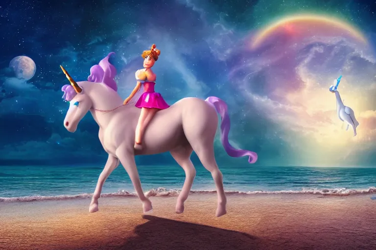 Prompt: sailormoon riding a unicorn on a beach, photograph, realistic, landscape, 4k