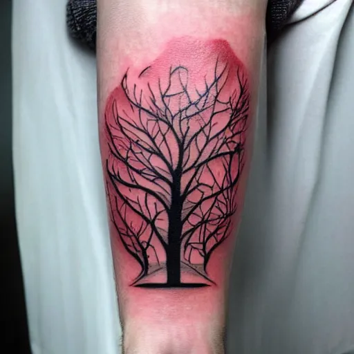 Prompt: tattoo of a ghost with a tree next to it watercolor, white, red and black ink strokes detailed, hyperrealistic trending on artstation