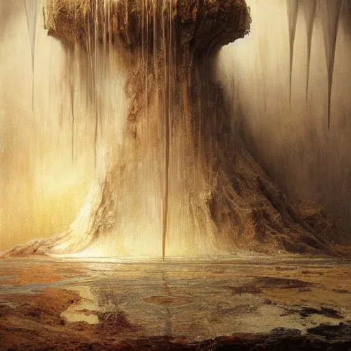 Prompt: the throne of abudance, matte painting, gold waterfalls | highly detailed oil painting, hyperrealistic, very intrincate | cinematic lighting, award - winning | by rachel ruysch, giger, beksinski and bocklin | by austin osman spare and william blake, trending on artstation, cgsociety, official art, octane.