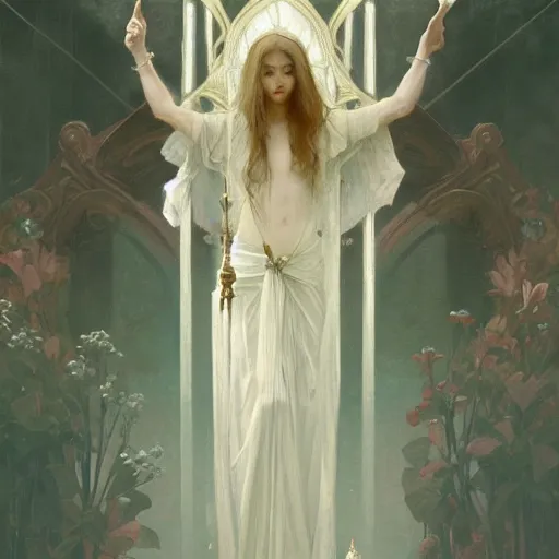 Image similar to a full body portrait of a beautiful ethereal delicate roman catholic bishopress meditative sacral pose catholic stages of the cross, intricate, elegant, highly detailed, digital painting, artstation, concept art, smooth, sharp focus, illustration, art by krenz cushart and artem demura and alphonse mucha