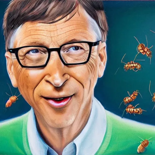 Image similar to a ultra realistic oilpainting of Bill Gates eating worms and bugs, moody, Bill Gates sits at a table with a plate full of insects, 8k, horrible nasty,