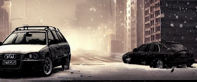 Image similar to Audi A4 B6 Avant (2002), a gritty neo-noir, dramatic lighting, cinematic, eerie person, death, homicide, homicide in the snow, viscera splattered, gunshots, bullet holes, establishing shot, extremely high detail, cracked windows, photorealistic, arson, makeshift grave, cinematic lighting, artstation, by simon stalenhag, Max Payne (PC) (2001) winter New York at night, In the style of Max Payne 1 graphic novel, flashing lights, Poets of the Fall - Late Goodbye