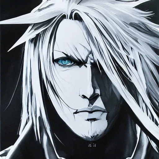Prompt: a beautiful painting of sephiroth by yoji shinkawa, metal gear solid, strong lines, black and white, atmosphere and tension, japanese, trending on artstation