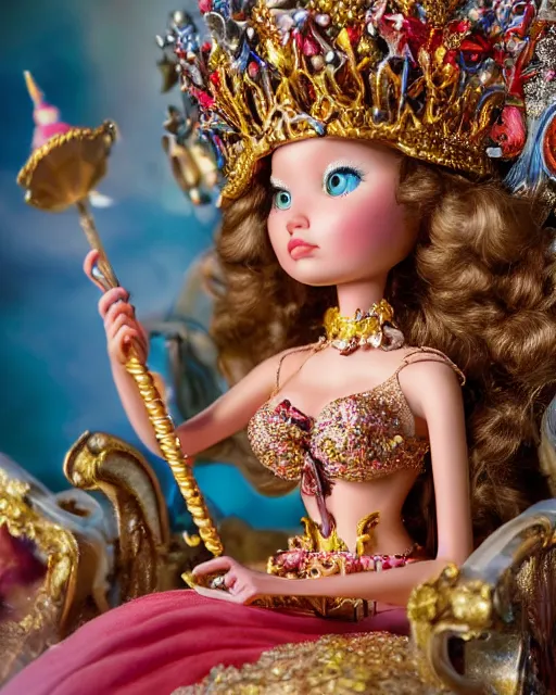Image similar to highly detailed closeup, face profile portrait of a tin toy fairytale princess wearing a crown and sitting on a throne, bikini, depth of field, fashion photoshoot by nicoletta ceccoli, mark ryden, lostfish, dan decarlo, bob clampett, max fleischer, breathtaking, detailed and intricate environment, 8 k resolution, hyperrealistic, octane render