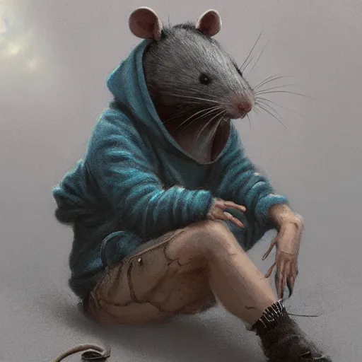 Prompt: Anthropomorphic emo rat boy wearing a hoodie resting on the floor, trending on artstation, ultra detailed, 8k, character illustration by Greg Rutkowski, Thomas Kinkade.