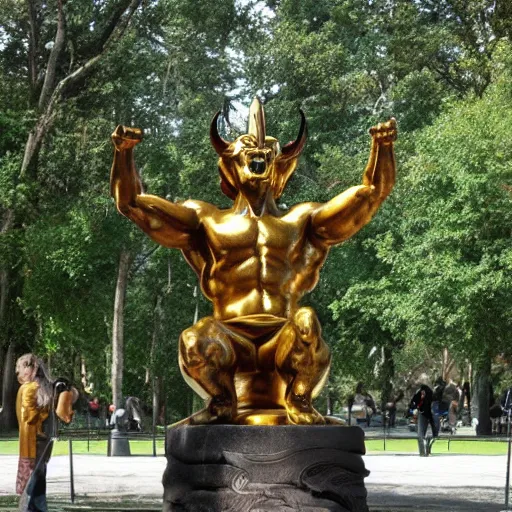 Image similar to male demon, devil golden monument stands in a park