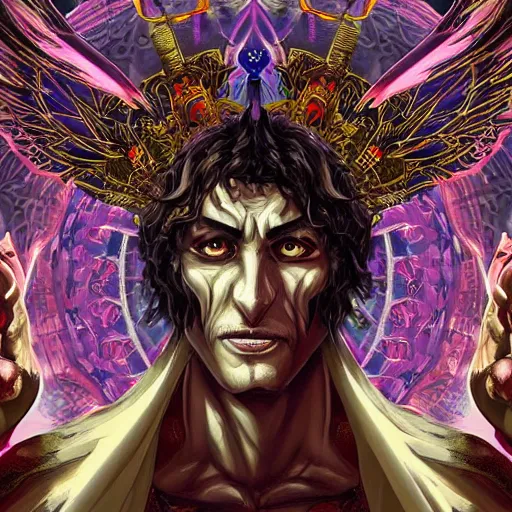 Image similar to 4K headshot portrait of godlike Warlock of Nazareth with defined arms and open hands and bloody clothes with giant mandala wings , intricate face , flawless anime cel animation by Kentaro Miura, psychedelic , highly detailed upper body , professionally post-processed , beautiful, scary, symmetry accurate features, epic, octane rendered, anime masterpiece, accurate by Craig Mullins, ilya kuvshinov, krenz cushart, epic , artgerm trending on artstation by Edward Hopper and Dan Mumford and WLOP and Rutkovsky, beksinski carl spitzweg moebius and tuomas kocar, intricate artwork by caravaggio, Unreal Engine 5, Lumen, Nanite