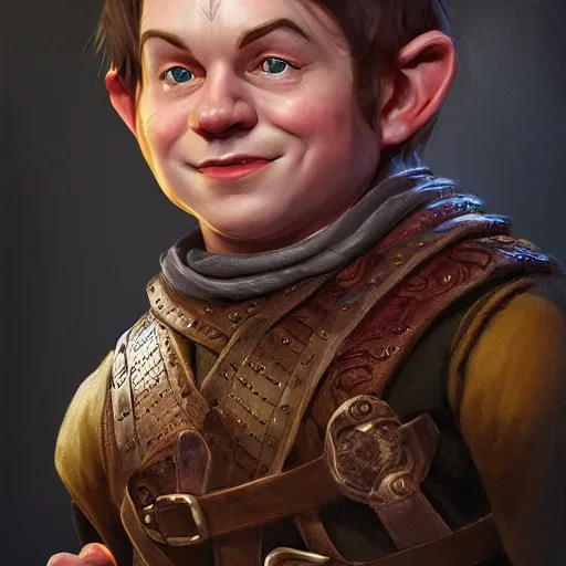 Image similar to realistic portrait of a halfling male, happy, bard, short hair, lute, intricate details, cinematic, photo, fantasy, medieval, trending on artstation, digital art, in the style of wizards of the coast