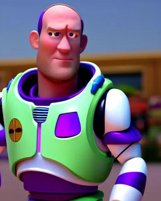 Prompt: Film still close-up shot of Jason Statham as Buzz Lightyear in the movie Toy Story 3. Photographic, photography