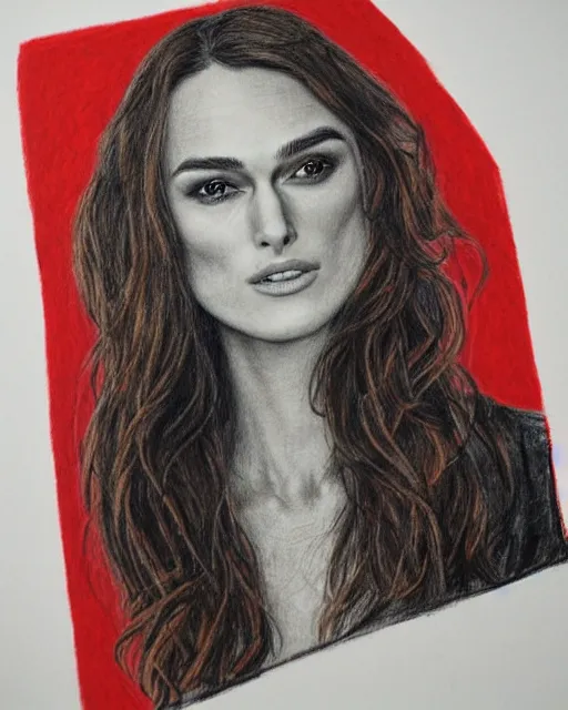 Prompt: highly detailed portrait of keira knightley, drawn on kraft paper with red, black, and white chalk